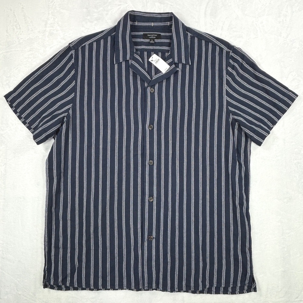 Banana Republic Mens Navy Blue White Striped Linen Blend Camp Shirt Large NWT